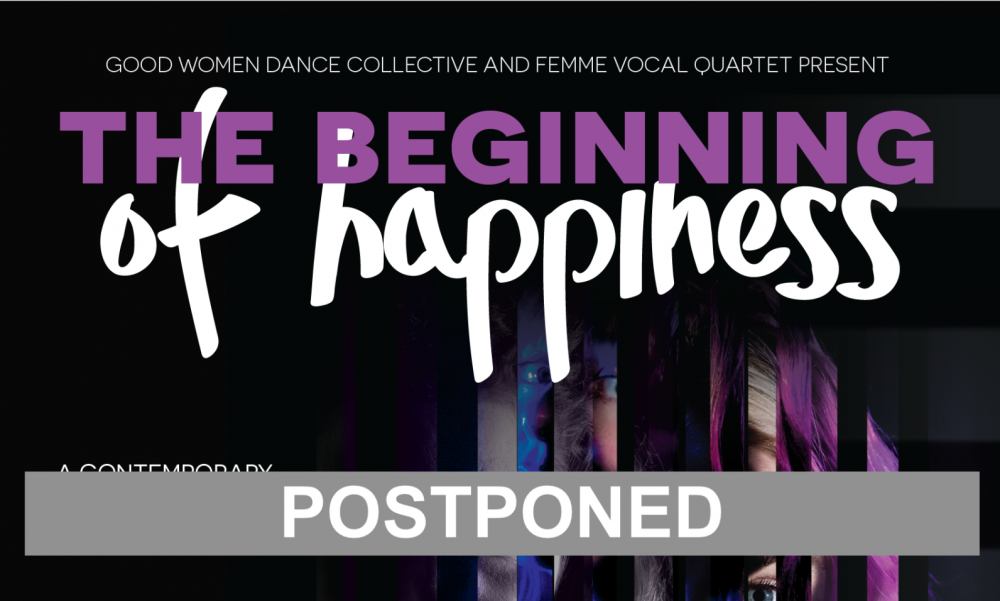 Purple and white text against a black background reads: The Beginning of Happiness Postponed